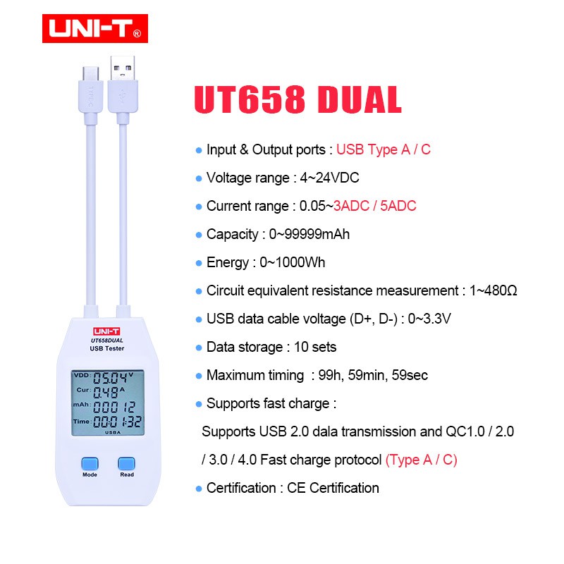 UNI-T UT658 – Tester USB Digitale Con Display LCD – Voltmetro Amperometro – Misura Tensione, Corrente, Capacità, Energia – Per Caricabatterie E Power Bank