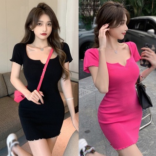 ชุดเดรสกระโปรงสั้น แขนสั้น คอวี เซ็กซี่ สีพื้น สไตล์เกาหลี สําหรับผู้หญิง