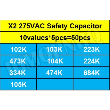 ชุดตัวเก็บประจุอิเล็กทรอนิกส์-275vac-x2-10-values-5-ชิ้น-102k-105k-50-ชิ้น-ต่อชุด