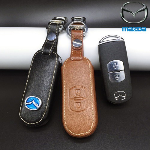 ซองหนังแท้-ใส่กุญแจรีโมทรถยนต์-mazda-2-3-cx-3-5-smart-key-2-ปุ่ม-รุ่น-โลโก้ฟ้า