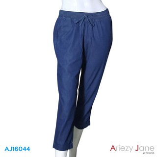 Ariezy Jane AP-16044 กางเกงทรง 7ส่วน ผ้ายีนส์แชมเบ้ฟอกสีเข้ม เอวยางผูกเชือก ปลายขาพับ กระเป๋าเจาะข้าง 2 ใบ