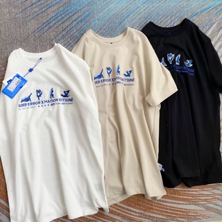 เสื้อยืดแขนห้าส่วน ผ้าฝ้าย ปักลายสุนัขจิ้งจอก สีฟ้า สําหรับเล่นโยคะ