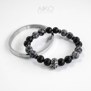 Couple Set กำไลหินแท้ (Matte Black Onyx/ Snowflake) / กำไลสแตนเลส