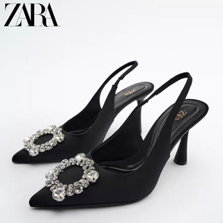 Zara ใหม่ รองเท้าส้นสูง เปิดนิ้วเท้า หัวแหลม ประดับเพชรเทียม สีดํา หรูหรา เข้ากับทุกการแต่งกาย แฟชั่นฤดูร้อน สําหรับผู้หญิง 2022