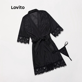 Lovito เสื้อคลุม แต่งผ้าลูกไม้ ผูกเชือก สไตล์สง่างาม L17X089 (สีดำ)