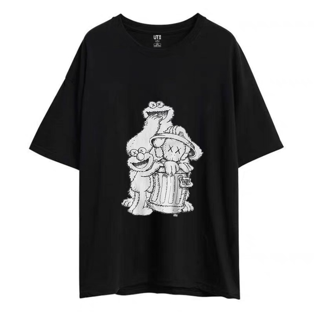 เสื้อยืดสีขาวuniqlo-short-sleeved-t-shirt-round-neck-cartoon-print-loose-style-men