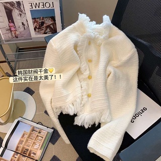 Xiaoxiang เสื้อแจ็กเก็ตกันหนาว ผ้าถัก สีขาว ขนาดเล็ก ระดับไฮเอนด์ แฟชั่นฤดูใบไม้ร่วง และฤดูหนาว สําหรับผู้หญิง