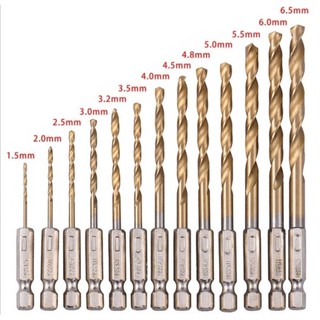 สินค้า ดอกสว่าน ดอกเจาะ ชุดดอกสว่านสวมเร็วเคลือบไทเทเนียม 13 ชิ้น ขนาด 1.5-6.5mm เจาะไม้ พลาสติก อลูมิเนียม งานเหล็ก