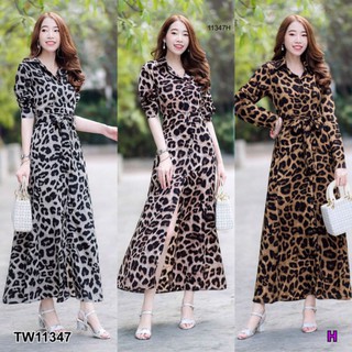 TW11347 
 Maxi Dress เดรสยาวปกเชิ้ต ติดกระดุมหน้า แขนยาว เนื้อผ้าหางกระรอกลายเสือ มีโบว์ผูกเอว