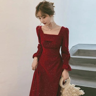Ahoyeap dress dress long elegant temperament autumn and winter new small square collar burgundy dress waist slim can be worn at ordinary times