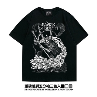 เสื้อยืดสีขาว☢✁ↂRock black Sabbath พระอาทิตย์ตกไหล่แขนห้าจุด American ins high street เสื้อยืดแขนสั้นผ้าฝ้ายขนาดใหญ่หนาS