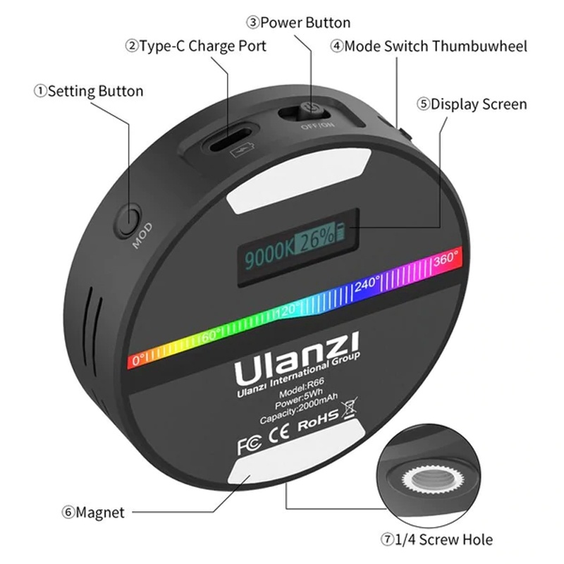 ulanzi-รุ่น-r66-rgb-vlog-light-ไฟวงกลมติดหัวกล้อง-ปรับแสงไฟ-2500-9000k-มี-softbox-ปรับแสงได้หลากสี-ชาร์จไฟได้