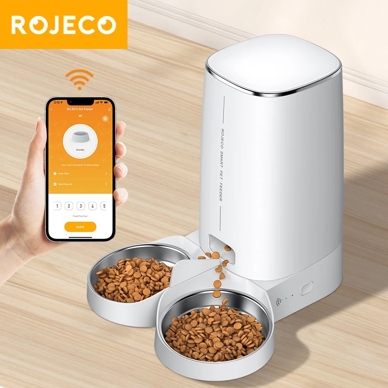 Rojeco เครื่องให้อาหารสัตว์เลี้ยงอัตโนมัติ Wi-Fi ความจุ 4 ลิตร พร้อมรีโมตคอนโทรล สำหรับสุนัขและแมว