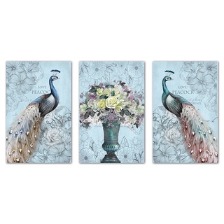 ชุดปักครอสติช ลายเซต 3 ชิ้น นกยูงคู่ดอกไม้ในแจกัน(งานปักเต็มลาย) ขนาดภาพละ 40*60 ซม.
