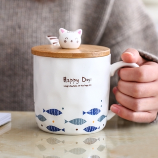 ร้อนนอร์ดิกถ้วยเซรามิกสร้างสรรค์น่ารักกลุ่มแมวปลาแก้วที่มีฝาปิดช้อนกาแฟคู่ถ้วยนมถ้วยใหญ่