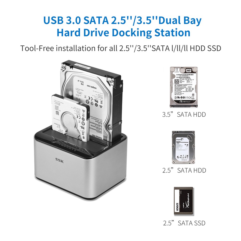 ภาพสินค้าSSK Aluminum Hard Drive Docking Station USB 3.0 to 2.5 3.5 SATA Dual Bay for Windows Mac (2x16TB Supports) จากร้าน sskcorporation.th บน Shopee ภาพที่ 6