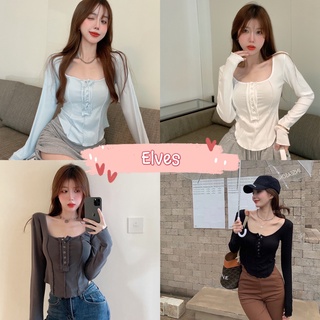 Elves✨พร้อมส่ง✨ เสื้อไหมพรมแขนยาวคอกลม ดีเทลกระดุมป็อกแป็กสวยๆน่ารัก ~ 56309 ~ -C