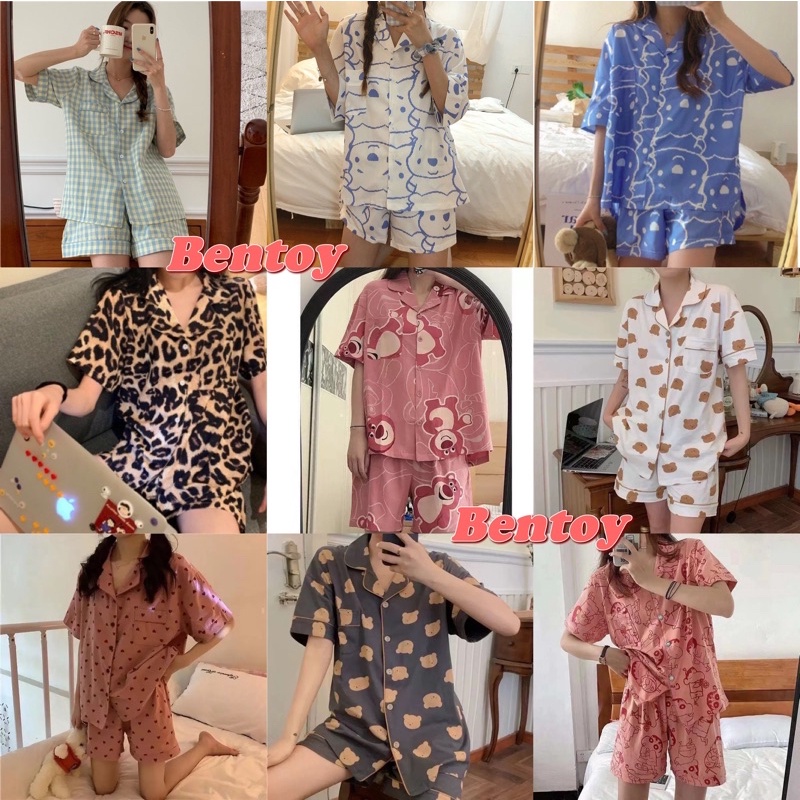 bentoy-พร้อมส่ง-ชุดนอนลายการ์ตูนแขนสั้นขาสั้น-ชุดนอนผ้าคอตตอนกระดุมหน้าเปิดได้-tz6