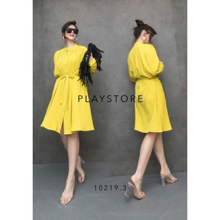 ❤️P L A Y S T O R E❤️KT,เดรสพลีทคอจีน แขนยาว ทรงปล่อย