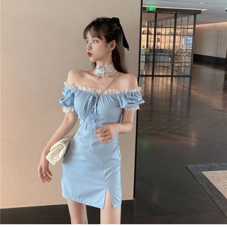 🔥Hot sale~ French niche blue dress หญิง 2021 ฤดูใบไม้ผลิใหม่เอวอารมณ์ลูกไม้คอเหลี่ยมลูกไม้กระโปรงสั้น