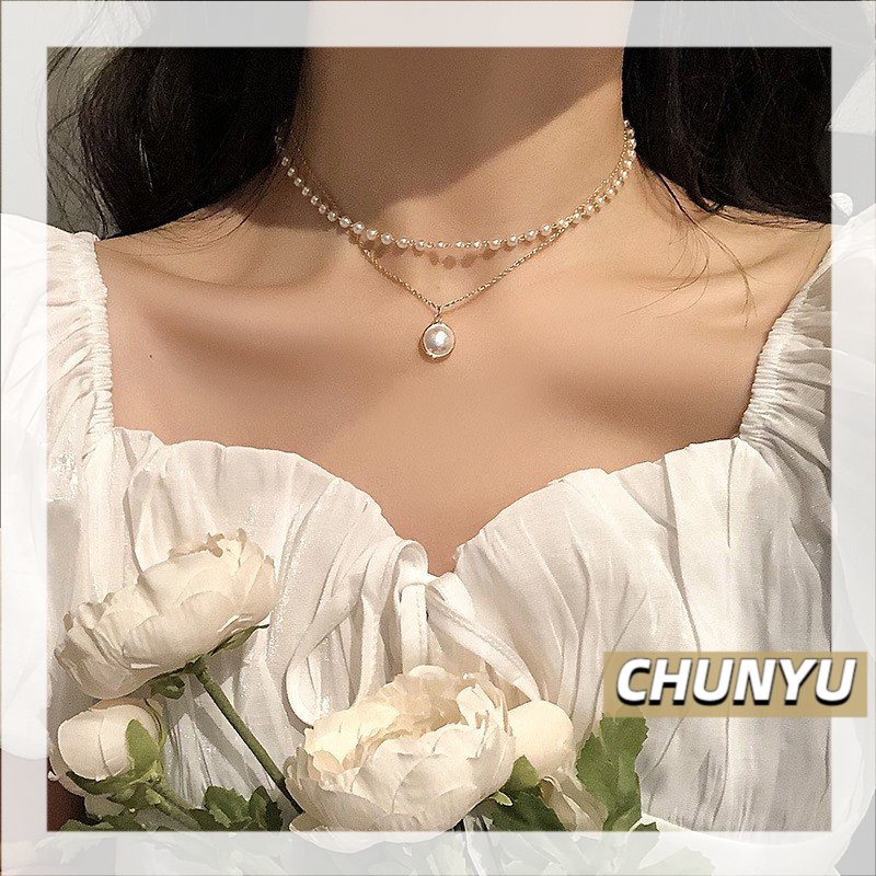 รูปภาพสินค้าแรกของCHUNYU สร้อยคอแฟชั่น สร้อยเลเยอร์ซ้อน 2 เส้นสีทองไข่มุก 012