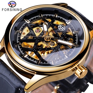 Forsining Retro Fashion Golden Black Dial Seleton Clock Male Luminous Hands Mens Mechanical Wrist Watches Top Brand Lux
