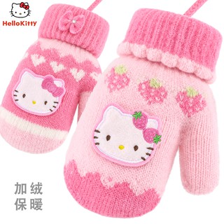 Hello Kitty Girls Gloves Winter Warm Plus Velvet Kids Toddler Children Princess Cute Girl Baby Wool Knitting