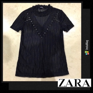มือ1🌹เสื้อซีทรู Zara สีดำ รอบคอเป็นระบายน่ารัก