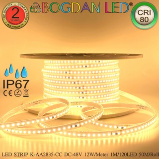 LED STRIP K-AA2835-CC-120-3000K DC-48Vวอร์มไวท์12W/1M IP67ยกม้วน50Mให้แสงสว่างยาวตลอดทั้งเส้น ไฟเส้นสำหรับตกแต่ง Grade A