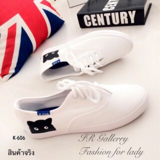 Style Keds  ผ้าใบแคนวาสแบบผูกเชือก เพ้นลายแมว