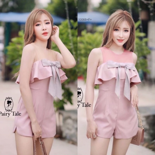 จั๊มสูทขาสั้นแต่งระบายช่วงอก-tw10068