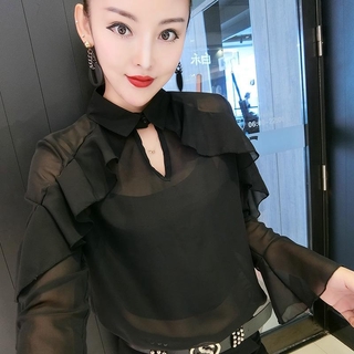 เสื้อชีฟอง2021ฤดูใบไม้ผลิใหม่สลิมมิ่งเกาหลีน่าระทึกใจอารมณ์สีดำเสื้อเชิ้ตแขนยาวของผู้หญิง