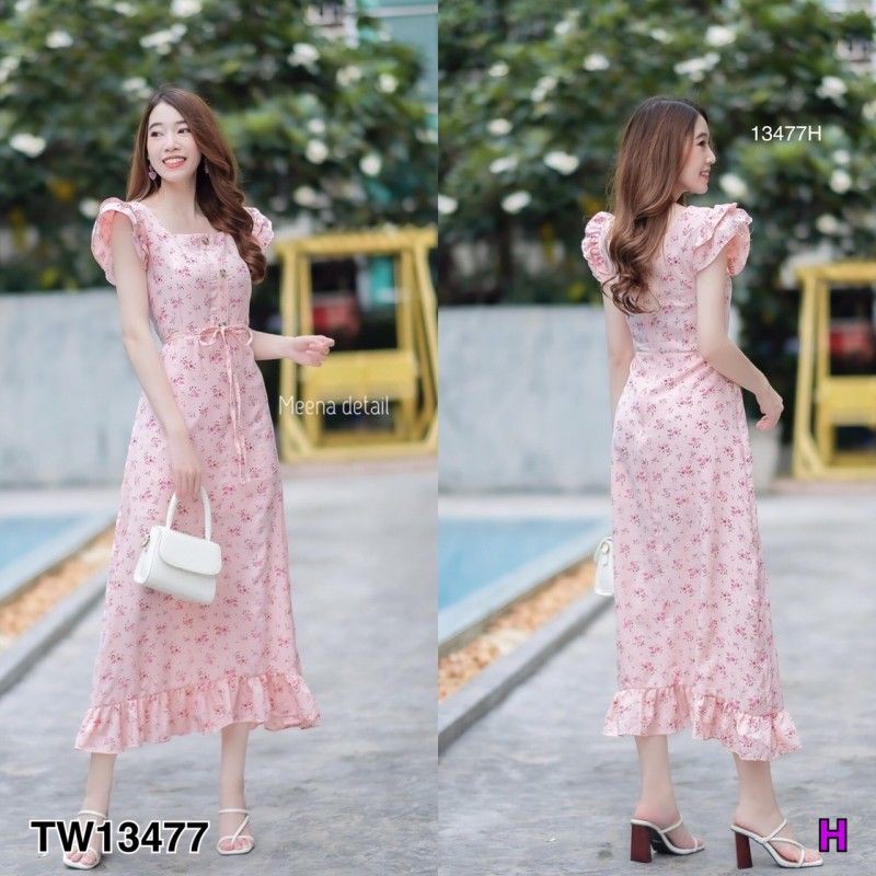 lt-tw13477-gt-maxi-dress-คอเหลี่ยม-แขนระบาย-2-ชั้น-ติดกระดุมหลอกด้านหน้า-เนื้อผ้าด๊อบบี้พิมพ์ลายดอกไม้