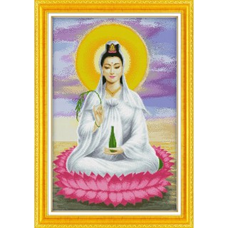 ชุดปักครอสติชพิมพ์ลาย เจ้าแม่กวนอิมประทับนั่งบนดอกบัว (Guanyin Cross stitch kit)