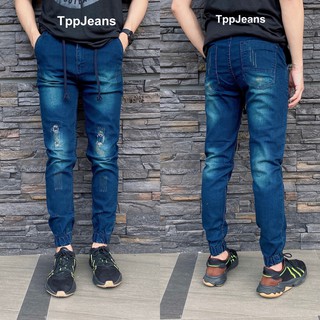 สินค้า JEANSEXPRESS Jogger Jeans กางเกงยีนส์จ้อกเกอร์ขาจั้ม สีบลูฟอกสนิมแต่งขาด เป้าซิปเอวยางมีเชือก ทรงสลิม Size 28-36