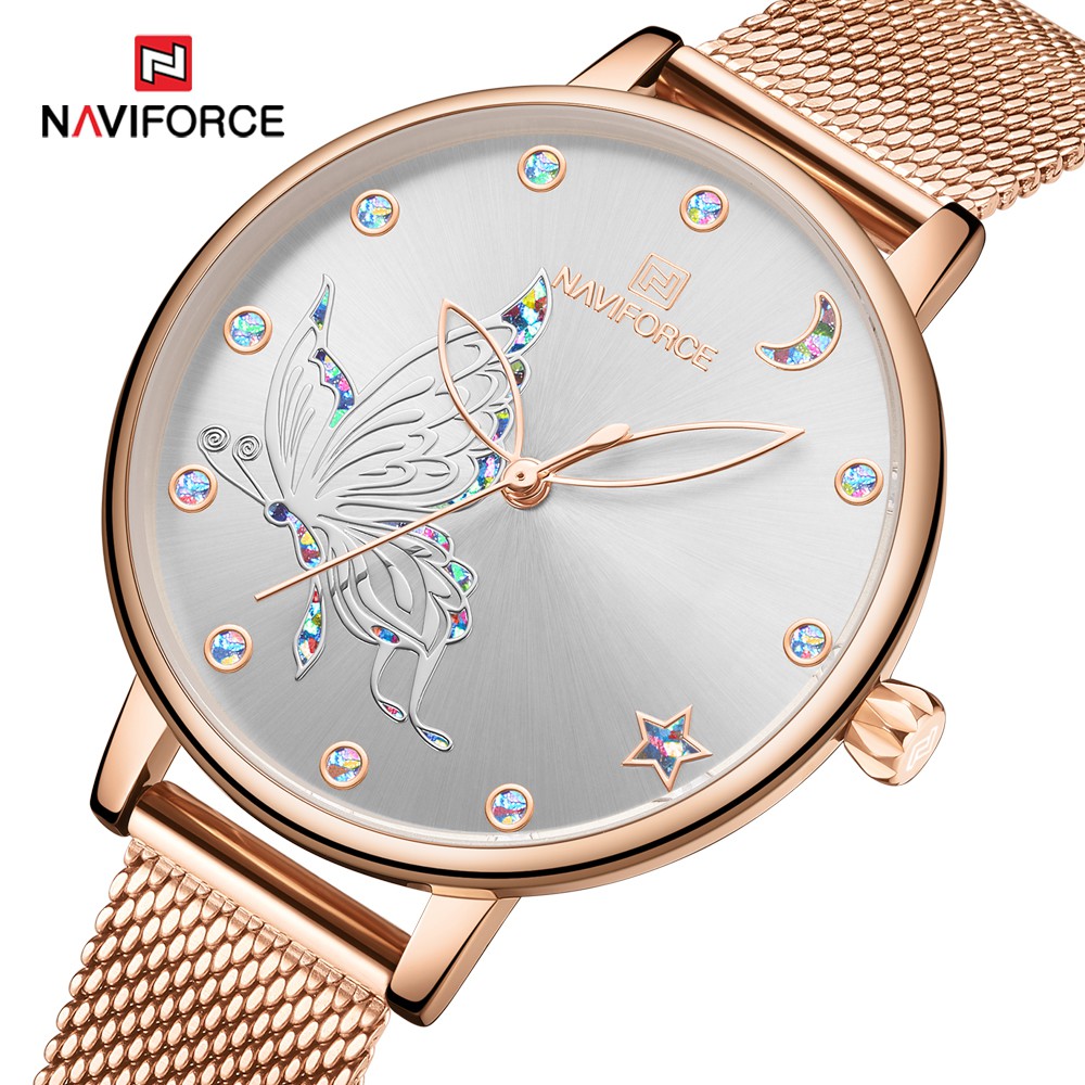 รูปภาพสินค้าแรกของNaviforce 5011 นาฬิกาข้อมือควอตซ์แฟชั่น สายแสตนเลส ลายผีเสื้อ สวยงาม สําหรับสุภาพสตรี