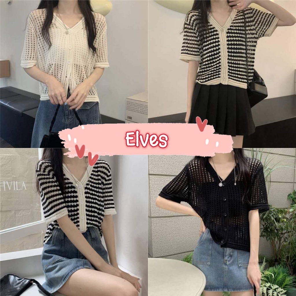 elves-พร้อมส่ง-เสื้อถักไหมพรมแขนสั้น-ดีเทลถักตาข่ายกำลังมากแรง-32103