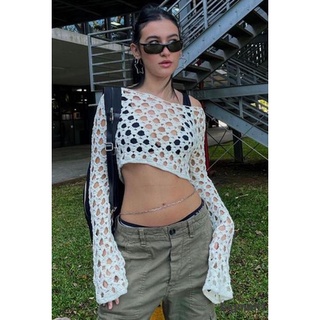 Bigmall- เสื้อครอปท็อปแขนยาวลําลอง ผ้าถัก เข้ารูป ฉลุลาย สีพื้น แบบเรียบง่าย สําหรับผู้หญิง