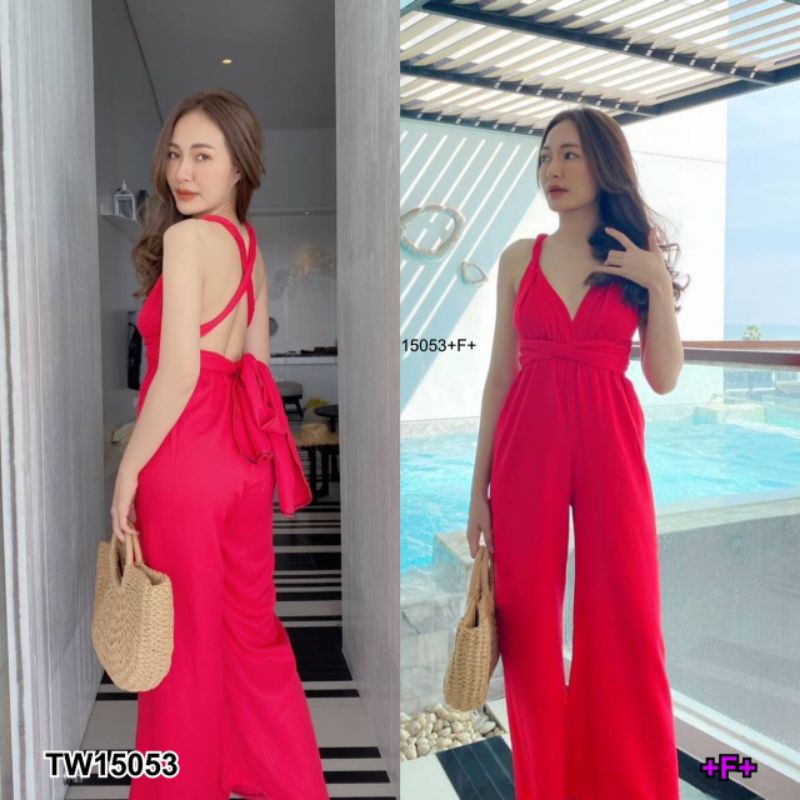 tw15053-ชุดสีแดง-ใส่เที่ยวออกงานได้ค่าใส่ออกเดท-วาเลนไทน์-ชิลๆจั้มสูท-ขายาว