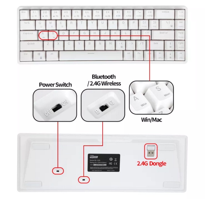 เกี่ยวกับสินค้า Royal Kludge RK68 RGB Hotswap USB HUB คีย์บอร์ดเกมมิ่งคีย์ไทย ไร้สายบลูทูธและมีสาย เปลี่ยนสวิตซ์ได้ เลเซอร์ไทย - English