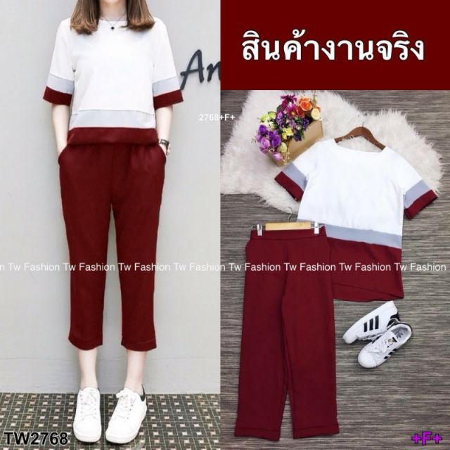 pe2768-set-2-ชิ้นเสื้อคอกลม-แขนศอก-ตัดต่อผ้าโฟร์เวย์3-สี