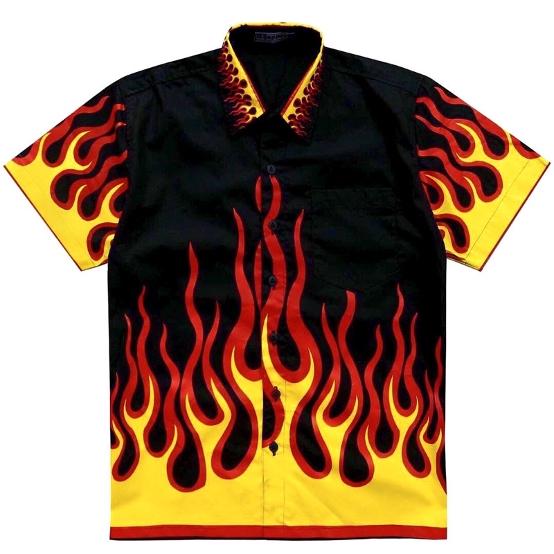 flame-shirt-เสื้อเชิ้ตลายไฟ-ผ้าคอตตอตเชิ้ต-ดำ-แดง