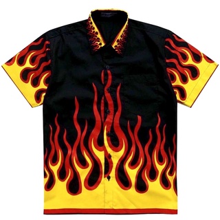 🔥 Flame Shirt 🔥 เสื้อเชิ้ตลายไฟ ผ้าคอตตอตเชิ้ต ดำ-แดง