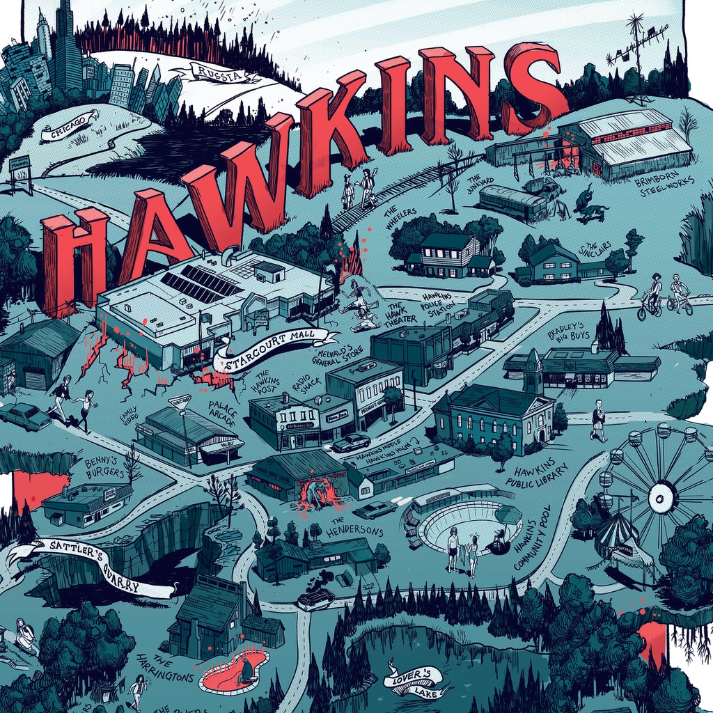 เสื้อยืด-พิมพ์ลายแผนที่ภาพยนตร์-stranger-things-hawkins-map-สไตล์ฮาวกิน