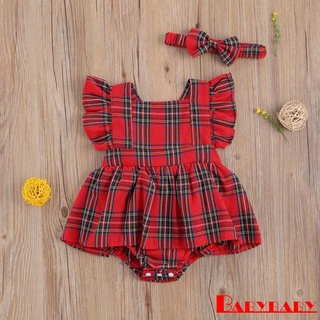 Ab ชุด Romper คอกลมลายสก๊อตสีแดงคริสต์มาส + ที่คาดศีรษะแฟชั่นสตรี
