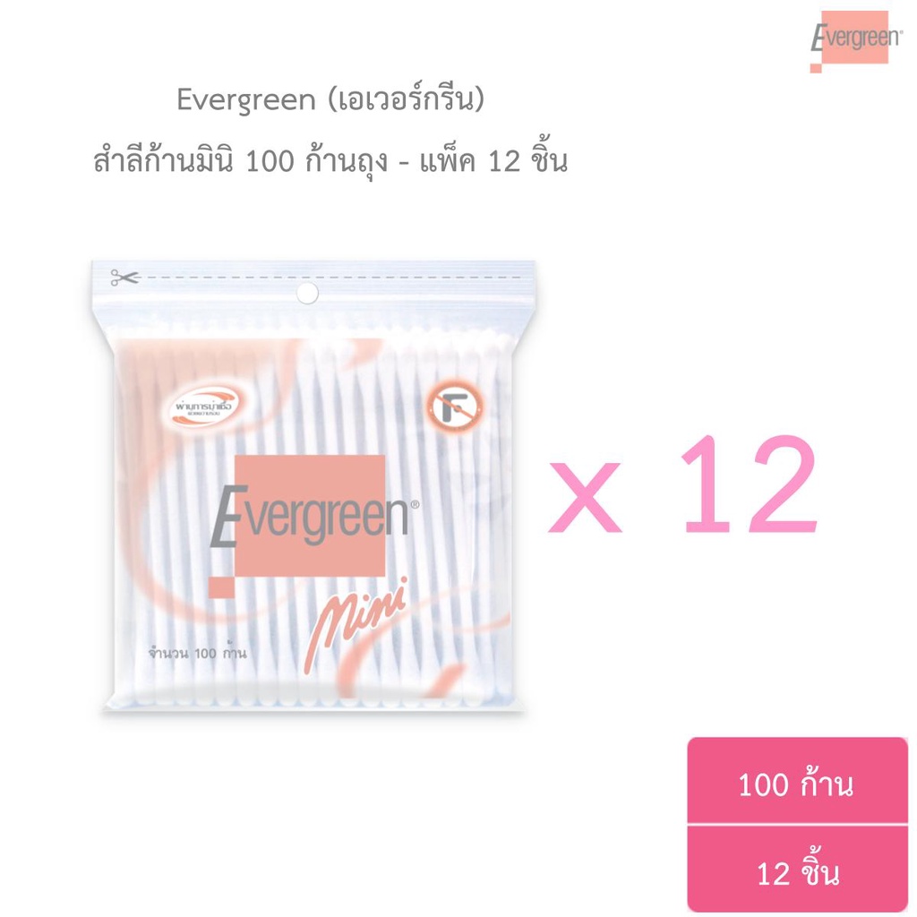 ขายยกแพ็ค-เอเวอร์กรีน-สำลีก้านมินิ-100-ก้านถุง-แพ็ค-12-ชิ้น-evergreen-cotton-bud-mini-100-pcs-pack-12