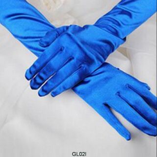 ถุงมือออกงานแบบยาว 15 นิ้ว สีน้ำเงิน ผ้าซาติน เพิ่มความงามสง่าเลอเสิศให้กับชุดออกงานสไตล์วินเทจ