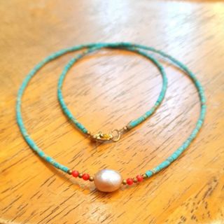 สร้อยคอหินเทอร์คอยส์แท้ธรรมชาติ สร้อยคอมุก Turquoise Pearl Beads Necklace