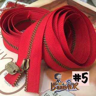 #5 ซิป + หัวซิป Handmade ฟันทองเหลืองรมดำ (มีให้เลือกหลายขนาด) ซิปตัด ซิปควิลท์ ซิปฟันเหล็ก เบอร์ 5 สีแดง พร้อมหัวซิป