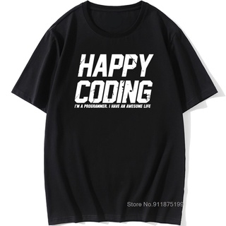 เสื้อยืดแขนสั้น ผ้าฝ้าย 100% พิมพ์ลายตัวอักษร Happy Coding สไตล์ฮิปฮอป แฟชั่นฤดูร้อน สําหรับผู้ชายสามารถปรับแต่งได้